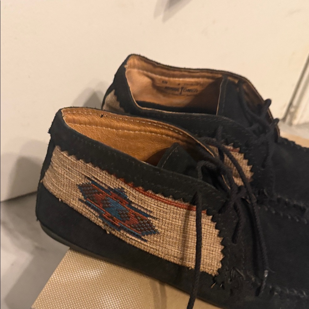 Minnetonka Black Suede Moccasins with Southwestern Embroidery